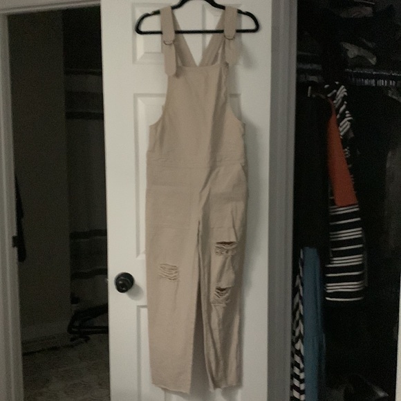 Skylar + Madison Distressed Overalls, Size Small, Beige/Tan - Picture 2 of 2